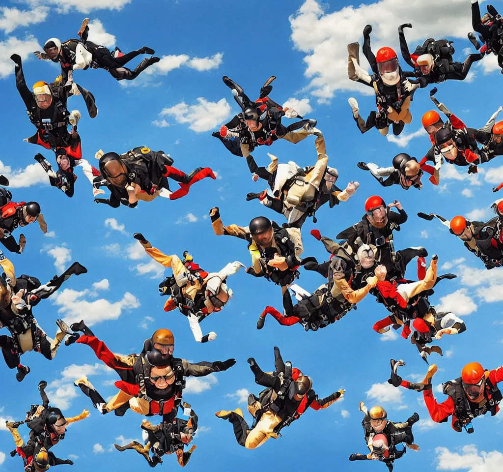 Image similar to many cats doing skydive from a big plane digital art, smooth, focus, highly detailed, hyper realistic