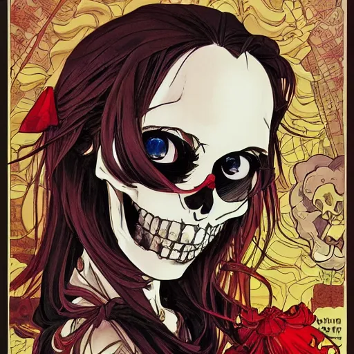 Prompt: anime manga skull portrait girl female skeleton illustration art Geof Darrow and Ashley wood and Ilya repin and alphonse mucha pop art