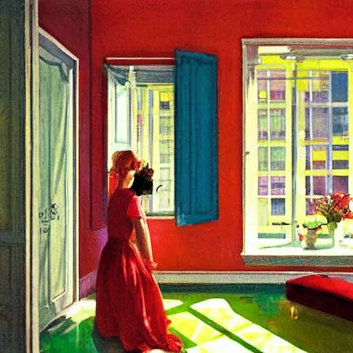 Image similar to a person inside their very colorful home, but the world outside is so dull and colorless, by akihiko yoshida and edward hopper