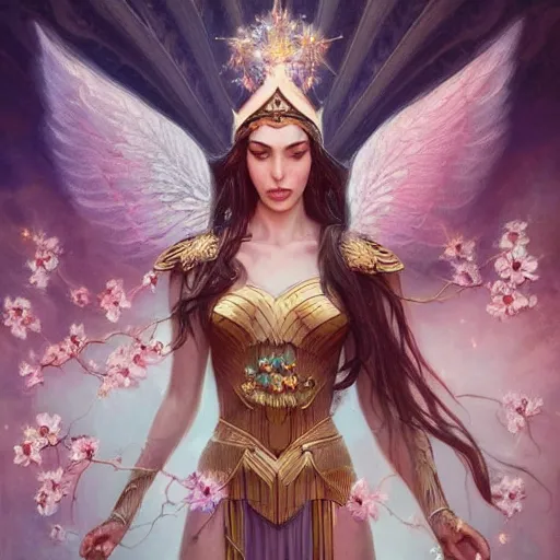 Image similar to fine art photo of the beauty goddess seraphim of the light gal gadot, she has a crown of mesmerizing flowers, by peter mohrbacher