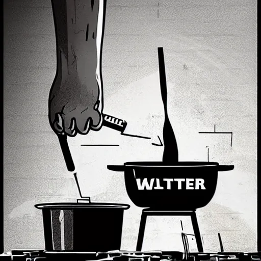 Prompt: walter white cooking eggs in a saucepan. He is looking worried. The stove is on fire. dramatic lighting, movie poster