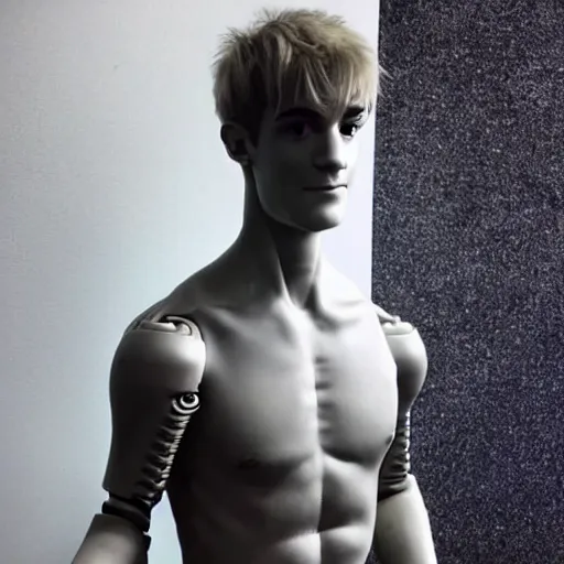 Image similar to “a realistic detailed photo of a guy who is an attractive humanoid who is half robot and half humanoid, who is a male android, twitch streamer Ninja Tyler Blevins, shiny skin, posing like a statue, blank stare”