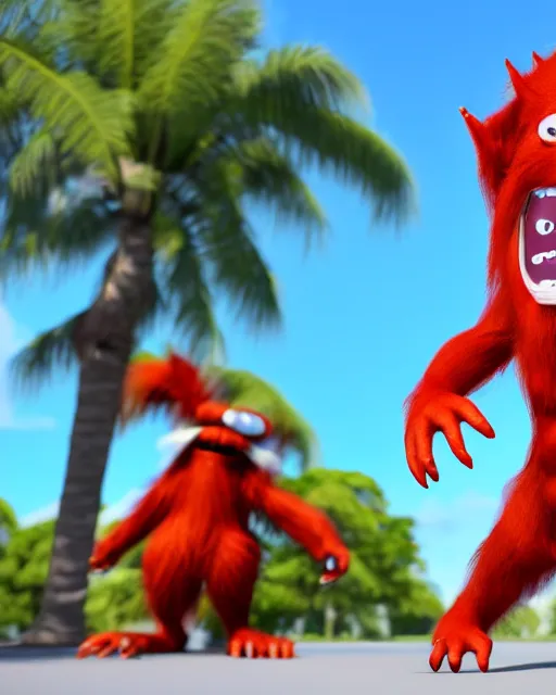 Image similar to 3 d render of completely red hairy friendly antropomorphic cartoony creature wearing white ray - ban shades, full body, simple, grin instead without a nose, cute, white background, unreal engine 5 hdr