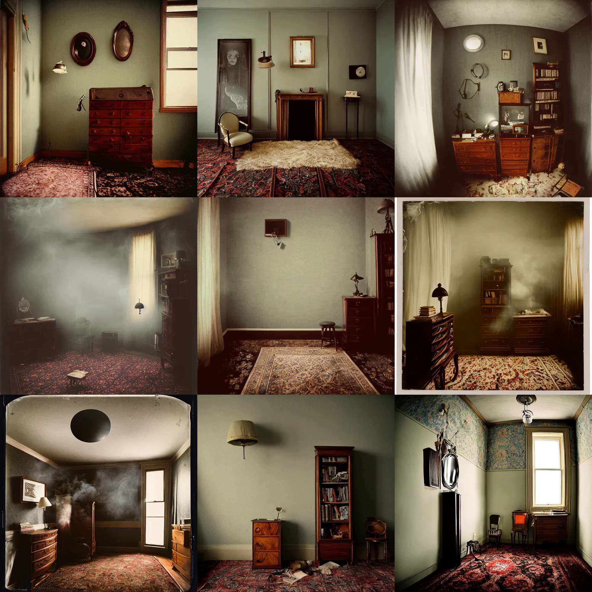 Prompt: kodak portra 4 0 0, wetplate, 8 mm extreme fisheye, award - winning portrait by britt marling, 1 9 2 0 s room, ghost, picture frames, shining lamps, dust, smoke, 1 9 2 0 s furniture, wallpaper, carpet, books, muted colours, wood, fog,