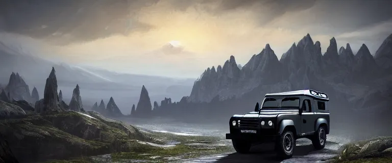 Image similar to Land Rover Defender 110 (1985), The Elder Scrolls V: Skyrim, Solitude seen in the distance, Blue Palace is seen in the distance, Haafingar Hold, an epic fantasy, dramatic lighting, cinematic, establishing shot, extremely high detail, photorealistic, cinematic lighting, artstation, by simon stalenhag