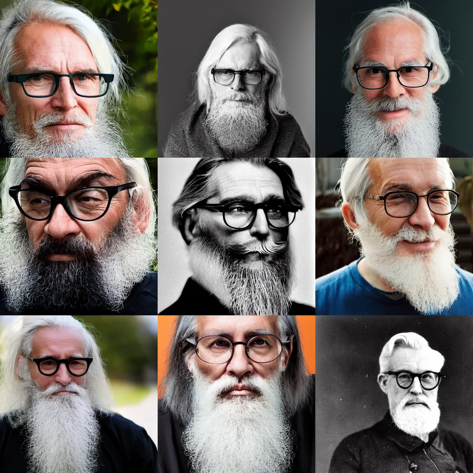 Prompt: man in his 5 0 s with long white hair, a long white chin beard and round thin - frame glasses
