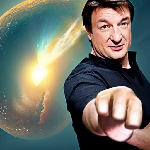 Prompt: Nathan Fillion punches an incoming meteor, epic wide angle