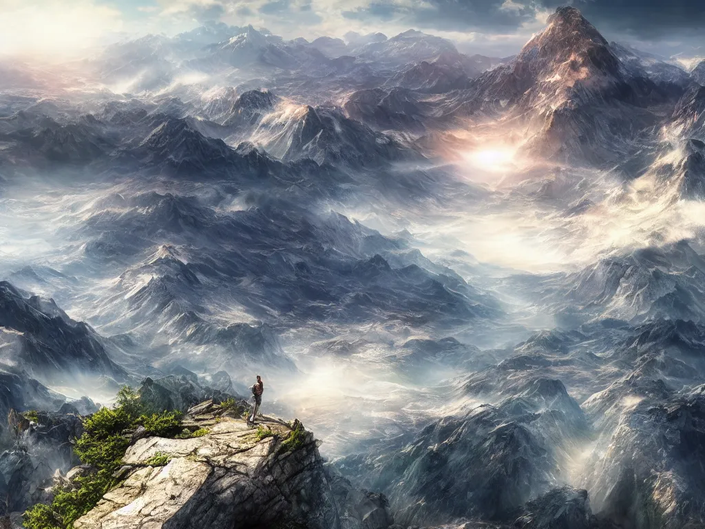 Image similar to epic view from a mountaintop, high mountains, digital painting, realistic render, 4k, 8k, photography, unreal engine, wallpaper, cinematic