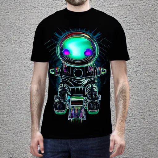 Image similar to photoshop mockup of a black tshirt with a hyperdetailed portrait of a spaced out diesel punk robot, 8 k, symetrical, flourescent colors, multicolored,