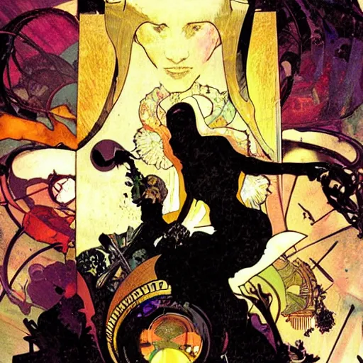 Image similar to cyberpunk dreaming by dave mckean and alphonse mucha and bill sienkiewicz