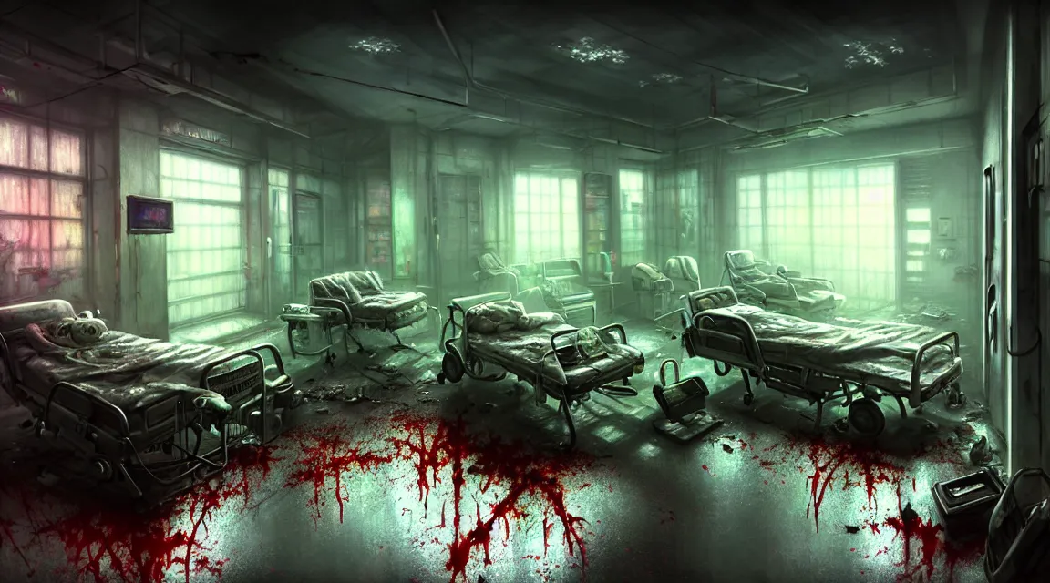 Prompt: post apocalyptic room interior, hospital interior, human silhouettes, by thomas kinkade trending on artstation, photorealistic, hyper detailed, hyper realistic, cyberpunk vibrant colors, blood stains, corpses floor, weapon damage