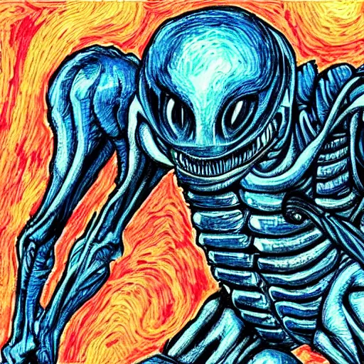 Prompt: a xenomorph from alien in the style of vincent van gogh