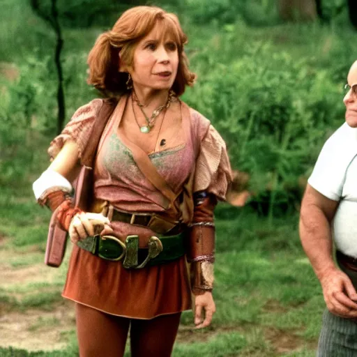 Image similar to Danny DeVito as Link, Rhea Perlman as Zelda, cinematic still