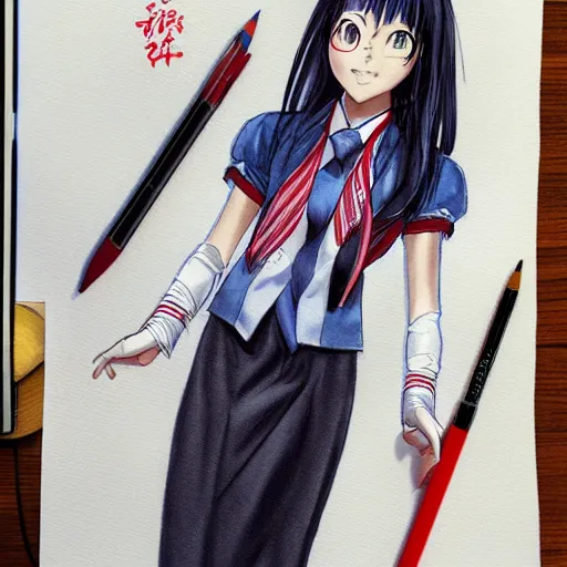 Image similar to a perfect, realistic professional digital sketch of a Japanese schoolgirl in style of Marvel, full length, by pen and watercolor, by a professional American artist on ArtStation, a hollywood-style sketch, on high-quality paper