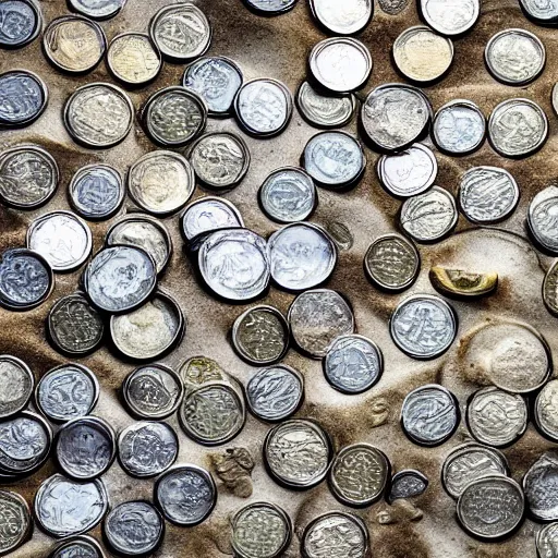 Image similar to a Sea made of shiny coins and dollars, waves of coins washing at the beach, 4k, high resolution, beatiful landscale