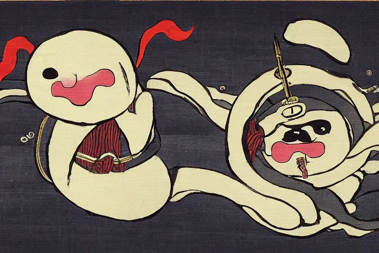 Prompt: baby harp seal as Japanese demons, traditional Japanese painting