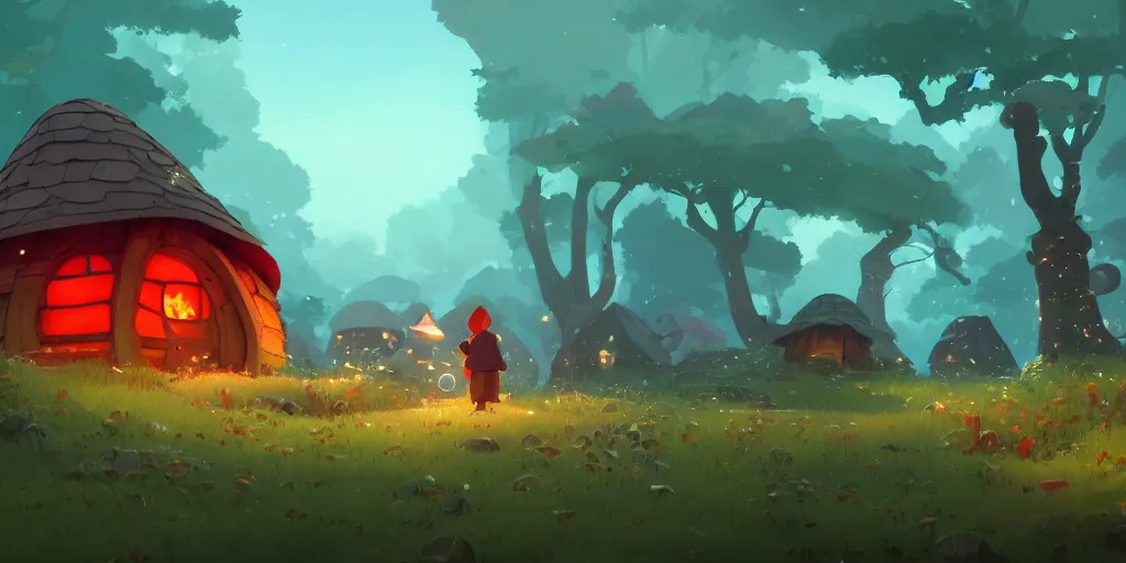 Image similar to small hobbit mushroom houses, red, by cory loftis & akihiko yoshida & james gilleard & atey ghailan & makoto shinkai & goro fujita & studio ghibli, rim light, exquisite lighting, clear focus, magic atmosphere, lights, night, very coherent, plain background, soft painting, photorealistic, unreal engine 5, 4 k