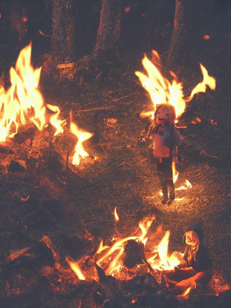 Image similar to cute fumo plush manic happy pyromaniac girl giddily starting a fire in the forest, campfire flames burning, warm glow and volumetric smoke vortices, rule of thirds composition, vignette, vray