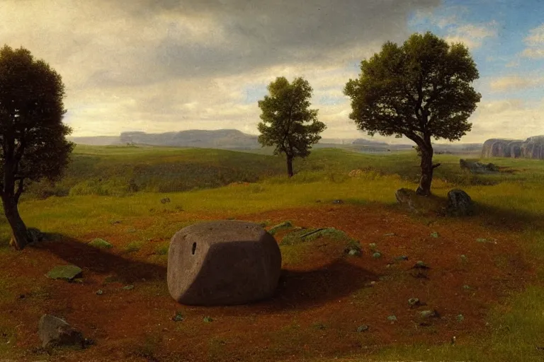 Image similar to runestone on a field with trees in the distance, runic inscription, ancient writing, megalithic, monument, nature, hills, focused, centered, very detailed, norse, history, oil painting, Albert Bierstadt, Theodor Kittelsen, Hermann Hendrich