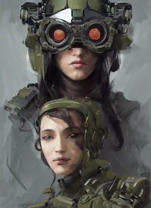 Image similar to a professional painting of a beautiful young female, clothed in stealth armor, nightvision goggles, olive skin, long dark hair, beautiful bone structure, symmetrical facial features, intricate, elegant, digital painting, concept art, smooth, sharp focus, illustration, from Metal Gear, by Ruan Jia and Mandy Jurgens and Artgerm and William-Adolphe Bouguerea