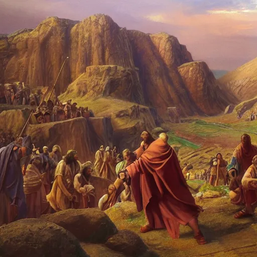 Prompt: Moses and the Israelites, matte painting, high detail, clear resolution