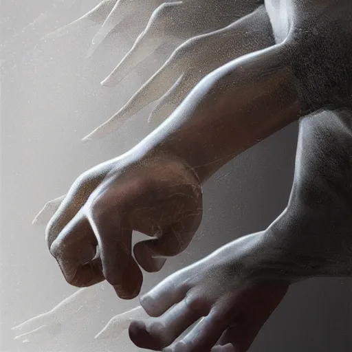 Image similar to hyperrealistic mixed media high resolution image of complex potential flow around the wrist of a proportionally sized hand reaching up and outward from the flow toward the atmosphere, stunning 3d render inspired art by unreal engine and Greg Rutkowski, perfect symmetry, dim volumetric lighting, 8k octane beautifully detailed render, post-processing, extremely hyper-detailed, intricate, epic composition, highly detailed attributes, highly detailed atmosphere, cinematic lighting, masterpiece, trending on artstation, very very detailed, masterpiece, stunning, flawless epidermis,