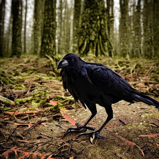 Prompt: werecreature mixture of human and crow, photograph captured in a forest