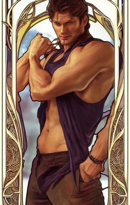 Image similar to pretty muscular sam and dean winchester as a character in romance book art design, character concept, sharp focus!, ultra detailed, art by artgerm alphonse mucha, wlop