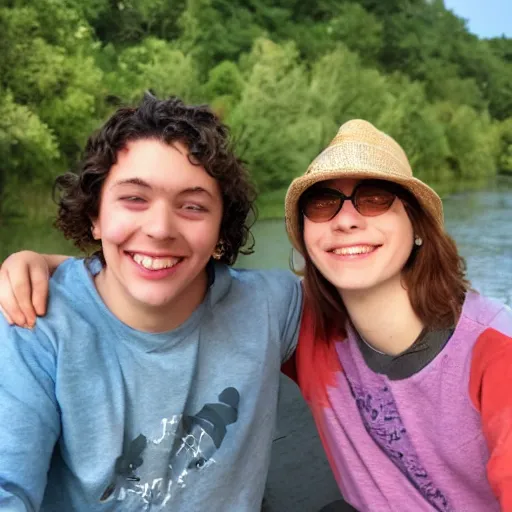 Image similar to a queer human named river sitting next to their friend who is also named river by a river