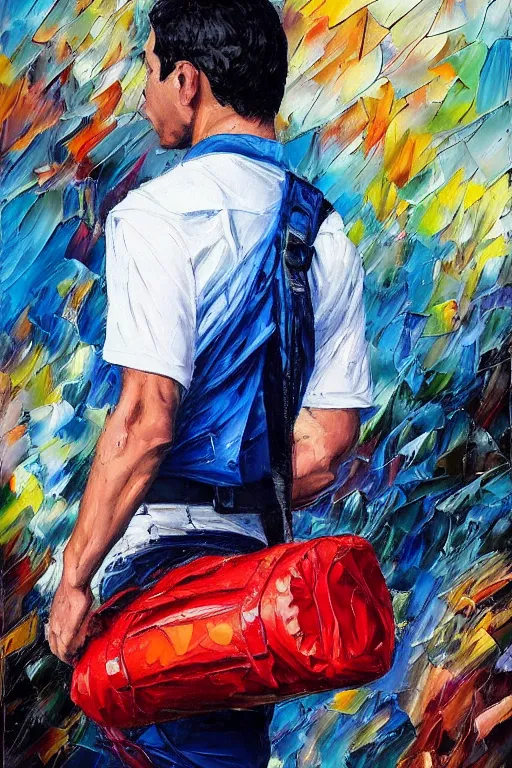 Prompt: palette knife oil painting portrait of juan delamar, a lean, dark haired young man of below average height, carrying a duffel bag with swin gear. blank, quiet, numb, extreme detail, artstation trending, artgerm, any racial background, deviant art, octane, substance, art history 8 k