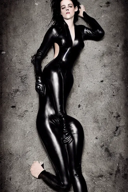 Image similar to kristen stewart wearing the irma vep catsuit, photographed, portrait