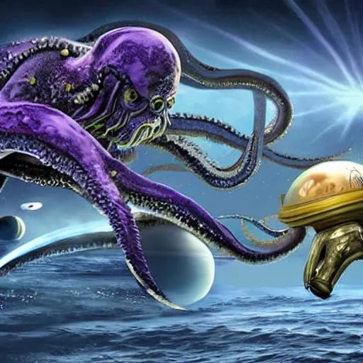 Prompt: a kraken fighting a powerful astronaut wizard, hyperrealistic render