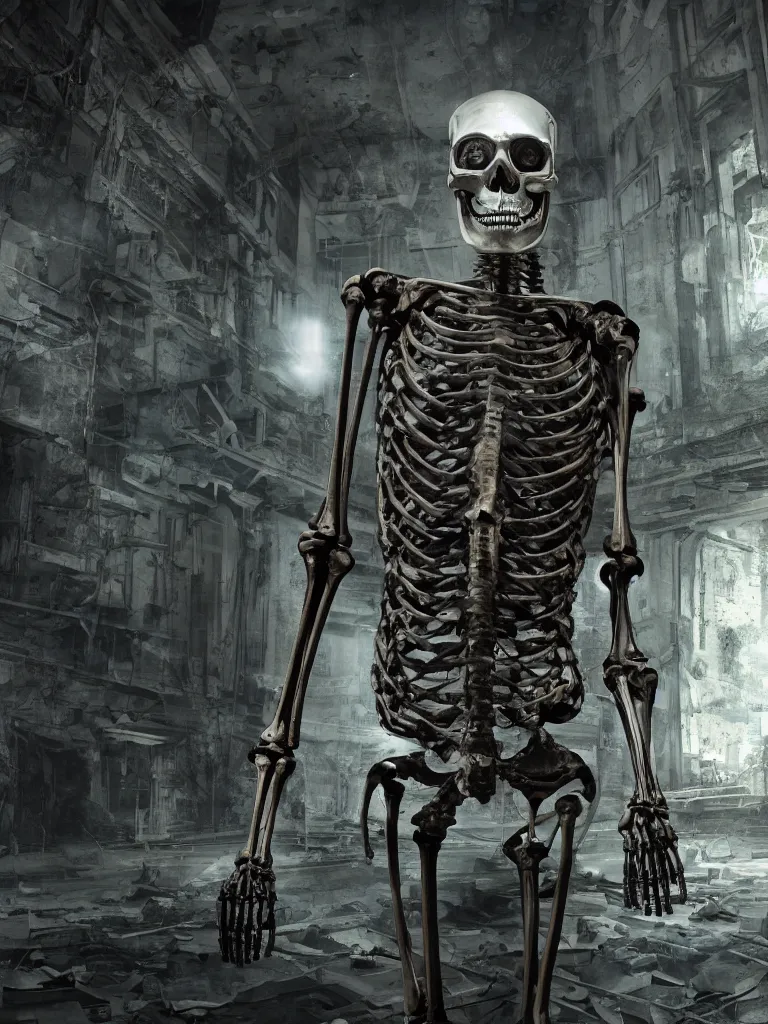 Prompt: portrait of a cyborg skeleton statue, standing in a hall of abandoned ancient megacomplex; hyperrealistic, 4K wallpaper, cinematic lighting, highly detailed and beautiful