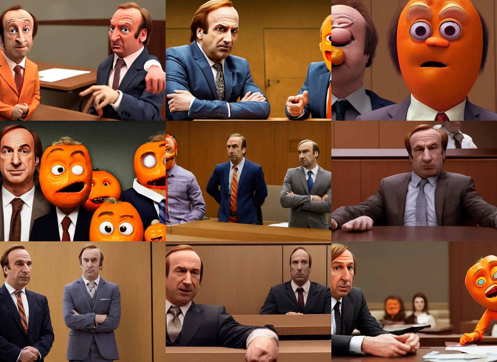 Prompt: saul goodman and the annoying orange in court, high quality, 4k, television stil