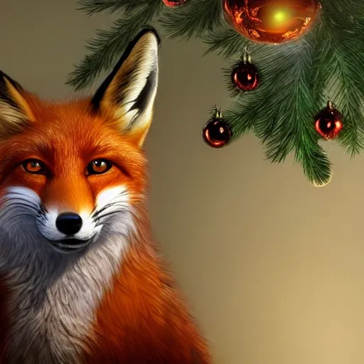 Image similar to perfectly-centered-Portrait-full-shot of a fox, wearing a santa hat, sitting next to a christmas tree, intricate, elegant, super highly detailed, professional digital painting, artstation, concept art, smooth, sharp focus, no blur, no dof, extreme illustration, Unreal Engine 5, 8K, art by artgerm and greg rutkowski and alphonse mucha and loish and WLO