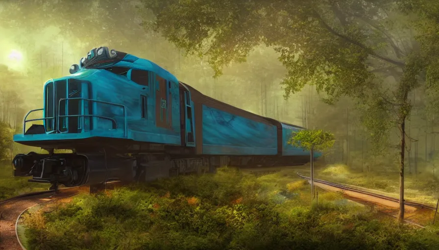 Image similar to futuristic cargo train driving through forest, matte painting, artstation, sunrise, blue sky, solarpunk