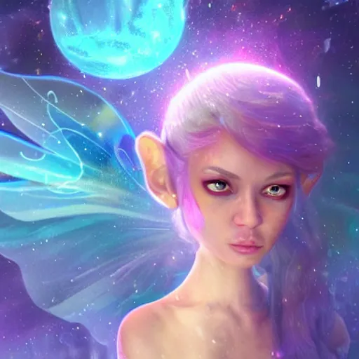 Image similar to magical fairy floating in space, epic cartoon portrait made out of rain, beautiful face, stunning concept art, highly detailed, galaxy background, rendered in octane, unreal engine, trending on artstation, realistic