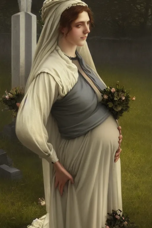 Prompt: portrait of a pregnant widow next to the grave, by Edmund Blair Leighton, Brom, Charlie Bowater, trending on artstation, faces by Tom Bagshaw, Sargent