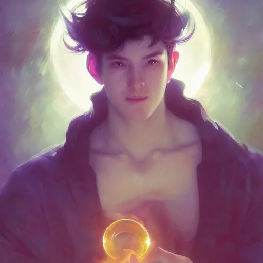 Image similar to A man drinking a cup of cosmic energy bright light, illustration by Ruan Jia and Mandy Jurgens and William-Adolphe Bouguereau, Artgerm, 4k, digital art, surreal, anime style, space dandy style, highly detailed, godsend, artstation, digital painting, concept art, smooth, sharp focus, illustration by Ruan Jia and Mandy Jurgens and William-Adolphe Bouguereau, Artgerm