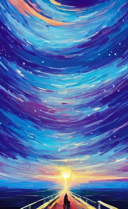 Image similar to a beautiful illustration of the sun king at night, art of alena aenami, featured on artstation, vertical orientation, paint brush strokes, expressionism, brushstroke - laden, breathtaking clouds, birds, ocean, beautiful stars, long exposure, big moon radius, airy midnight theme, blue purple gradient, lens flare