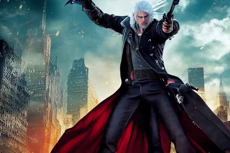 Image similar to vfx movie suave handsome grinning vampire with long white hair, trench coat, dual wielding large revolvers, leaping into the air, low gravity in a shattered reality of new york city, witcher devil may cry by emmanuel lubezki