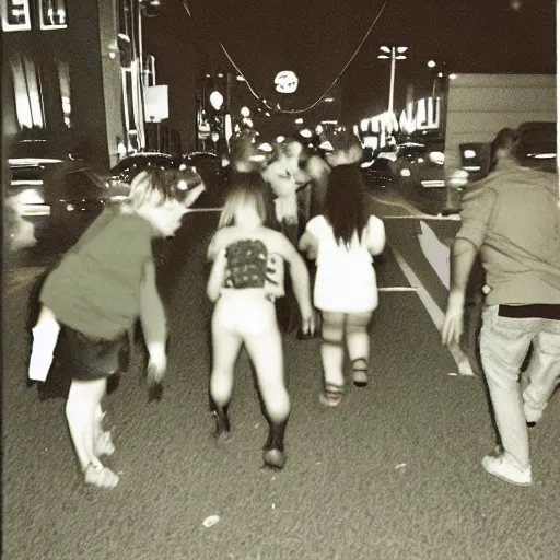 Image similar to 1 9 9 3, disposable camera, flash, insect alien chasing people in suburbia