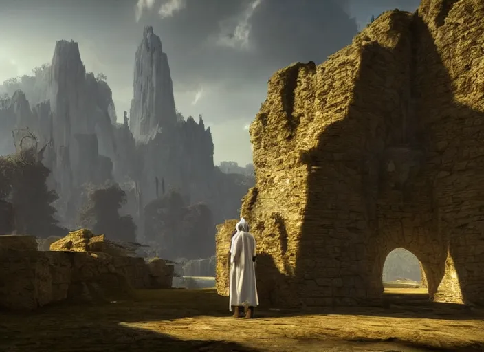 Prompt: a land of ruins of lost civilization with a distant fort in the middle, pure gold pillars, water tunnels below and a magical time gate to another dimension, a man wearing a white robe standing watching over, dramatic lighting, dawn, by caspar david friedrich, unreal engine 5