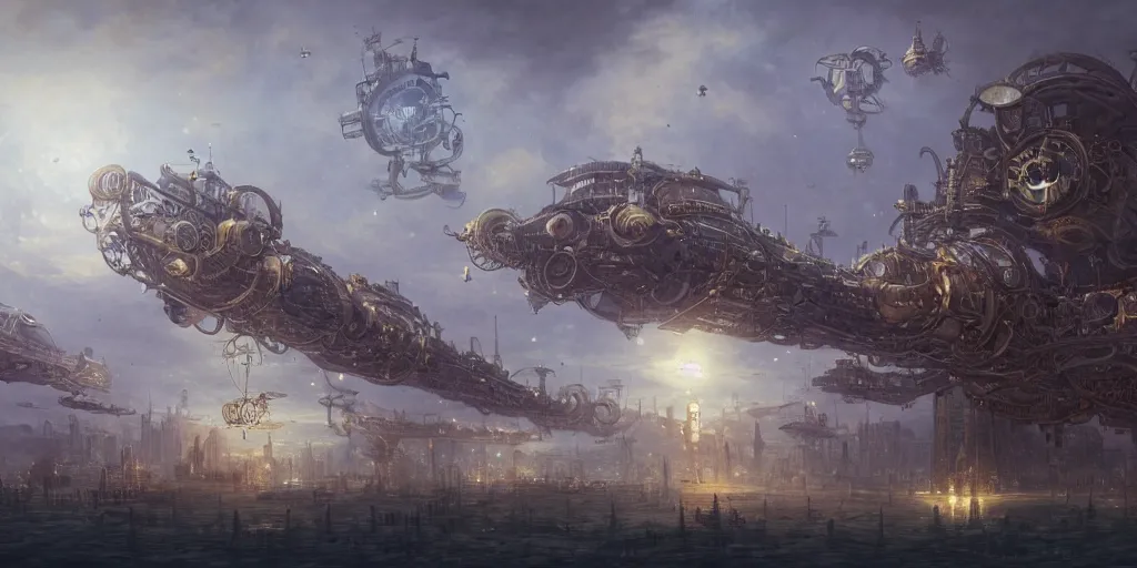 Image similar to a landscape painting of a steampunk airship city with clockwork people on a gas giant in deep space, cosmic artifacts, fantasy, sharp focus, intricate, elegant, digital painting, artstation, gloss, highly detailed, concept art, illustration, ambient lighting, art by peter mohrbacher, johannes voss, jingna zhang, object oriented ontology