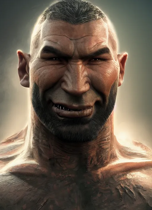 Image similar to A fantasy comic book style portrait painting of Dave Bautista as a grim orc warrior, unreal 5, DAZ, hyperrealistic, octane render, RPG portrait, dynamic lighting