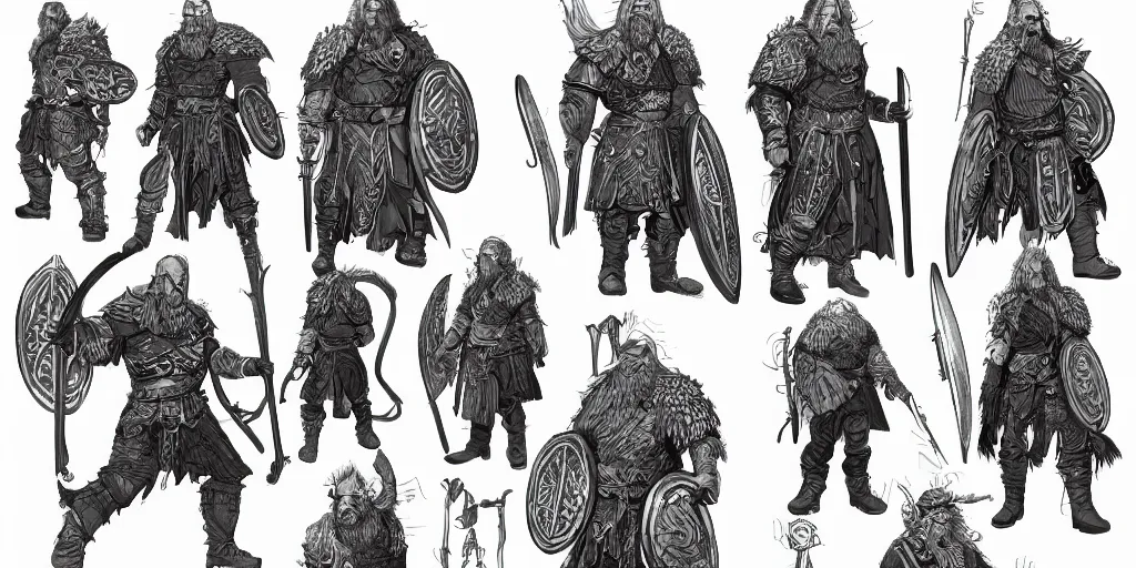 Prompt: colour concept art character sheet, viking in armour, trending on artstation, intricate high - details