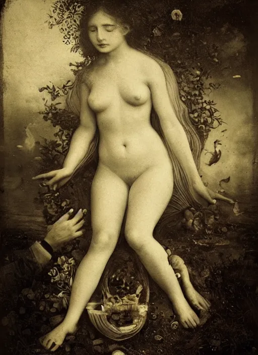 Image similar to old wetplate daguerreotype birth of venus in times of cholera, fractal, intricate, elegant, highly detailed, parallax, leica, medium format, subsurface scattering, by jheronimus bosch and greg rutkowski and louis jacques mande daguerre