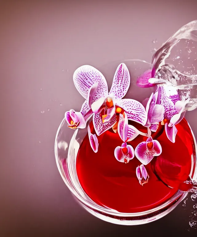 Prompt: a beautiful orchid flower in a cup of glasses of water, red color vibe, ultra detailed