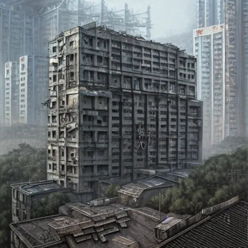 Image similar to brutalist, soviet architecture, kowloon city, hong kong, grey, intricate, ugly highly detailed, centered, digital painting, artstation, concept art, smooth, sharp focus, illustration, artgerm, tomasz alen kopera, peter mohrbacher, donato giancola, joseph christian leyendecker, wlop, boris vallejo