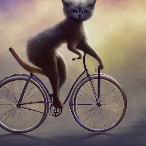 Image similar to fantasy book cover artwork of a cat riding a bicycle, ultradetailed, wallpaper, 4k, prismatic